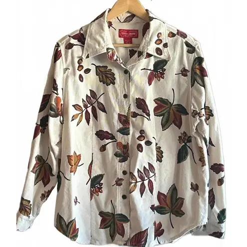 Venezia Womens Top Sz 14/16 Beige Autumn Leaves LS Button Up Corduroy Cottage Brown