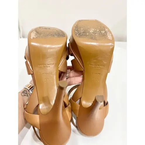 YSL Yves Saint Laurent Tribute Leather Ankle Strap Platform Sandals Matte Brown 36.5