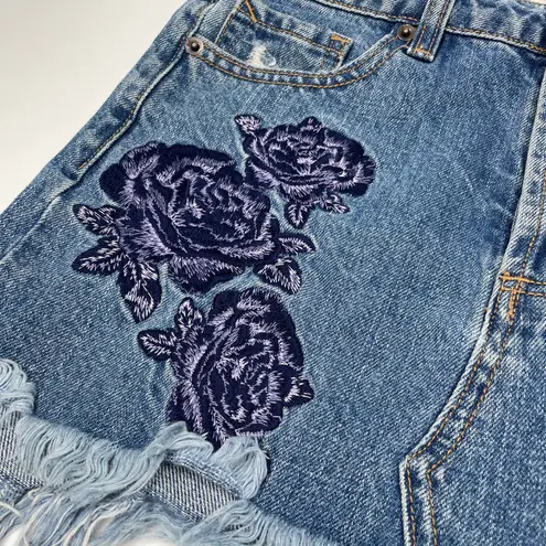 Hidden Jeans Denim Mini Skirt Womens XS Blue Floral Embroidery Distressed