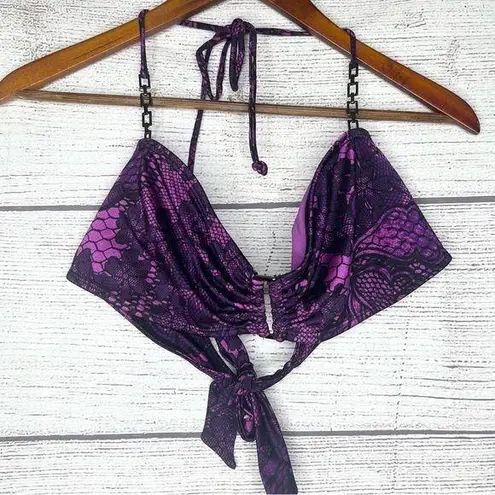 Attention NWT Purple & Black Floral Lace Print Chain Halter Bikini Top Size XL