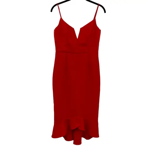 Bardot Midi Dress Red Strappy Tailored Boned Fit Bodycon Ruffle Hem Womens 6