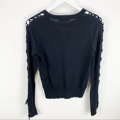 White + Warren Black Lace Up Sleeve Sweater