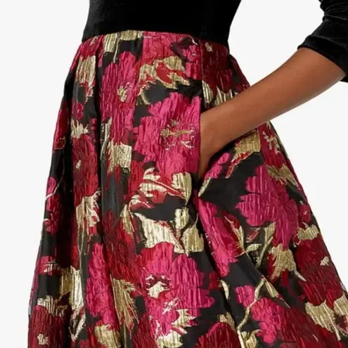 Eliza J Velvet Bodice Jacquard Ballgown Black Gold Burgundy 4