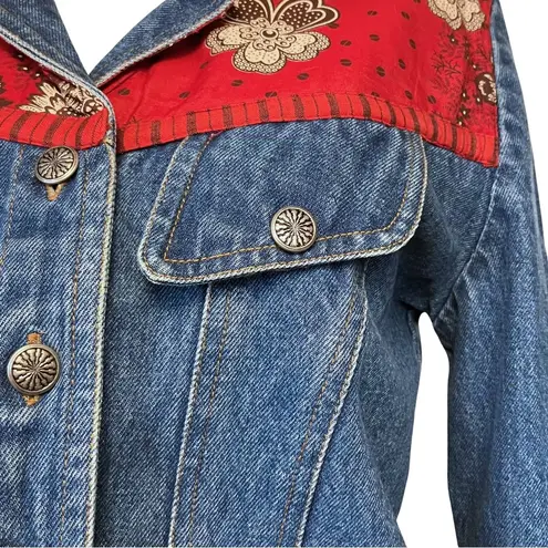 Vintage 90s Denim Jacket with Red Bandana Pattern Panels. 100% Cotton. Medium. Blue