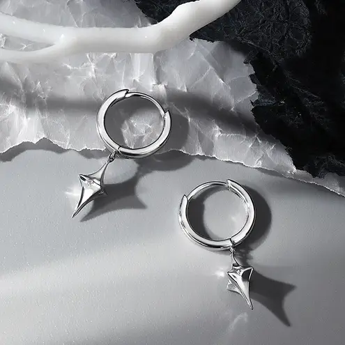 Star Dangle Drop Earrings for Men Women,Personality Punk Hip Hop Earrings Silver