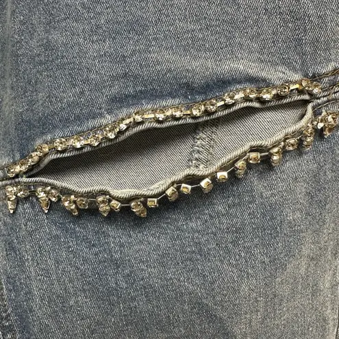 Blue Straight Leg Distressed Jeans with rhinestone cut outs Size M
