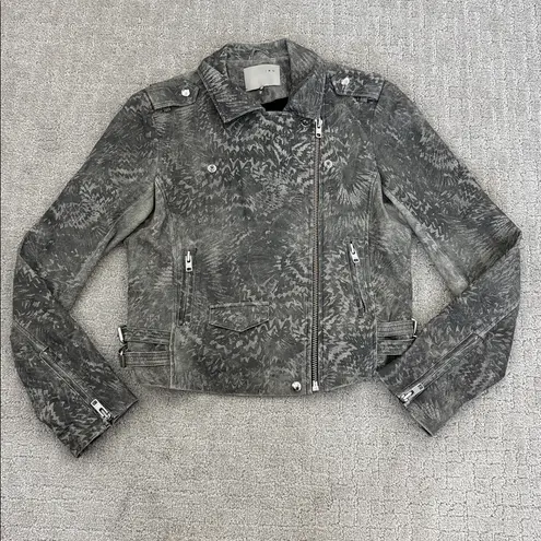 IRO “Salinas” 100% lamb leather camo printed moto biker jacket collared grey