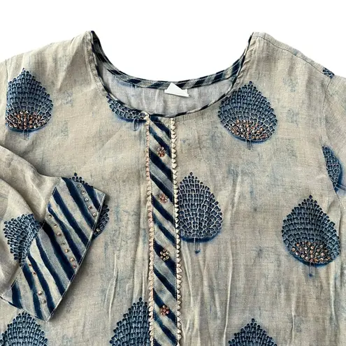 Women's 3/4 Sleeve Embellished Kurta Tunic Fits Up To Large Gray Blue Bead Boho