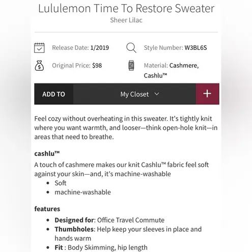 Lululemon  Time to Restore Sweater