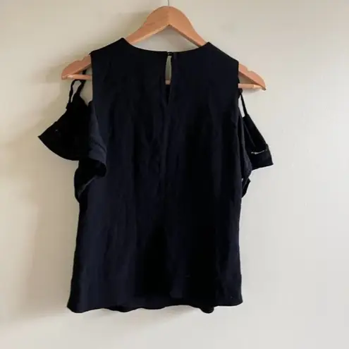 Rebecca Taylor  Short Sleeve Open Shoulder Crepe Crop Top‎ in Black Lined Size 2