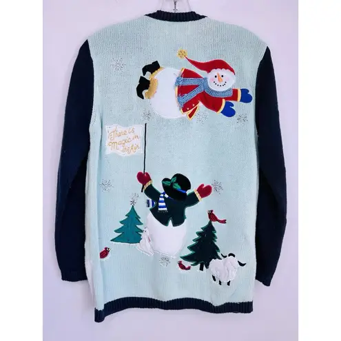 Quacker Factory Cardigan Sweater Snowmen Christmas Small Hidden Button 1990s