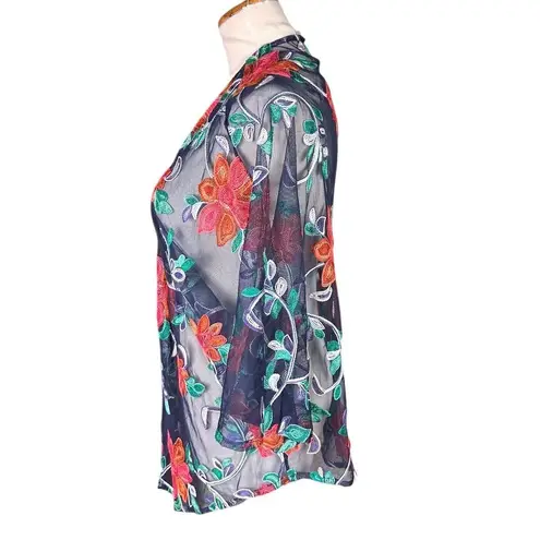 Chenault Women's Floral Embroidered Sheer Mesh Swim Coverup Kimono Size L Size L