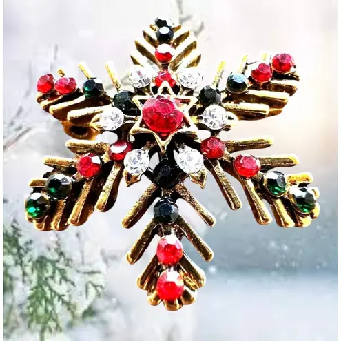 Christmas Snowflake Brooch Pin Star Red Green Crystal Accents Festive Wi…