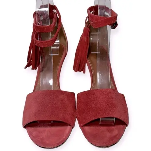 Yvonne Kone Women’s Size 38 7.5 Red Suede Wrap Tassel Ankle Open Toe Pumps Heels
