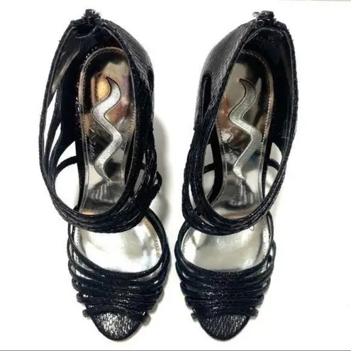 Nina Black Reptile Embossed Print Open Toe Strappy Heels Sz 7 M