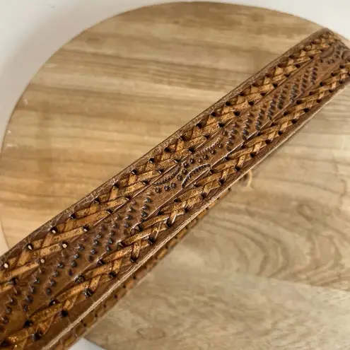 Vintage 90s Western Woven Genuine Leather Silver Buckle Belt Size Medium Brown