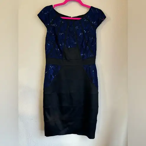JAX Navy Black Sequin Lace Structured Cap Sleeve Knee Length Cocktail Dress 10 Blue