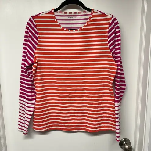 Lands'End  Women Striped Long Sleeve Rash Guard Pink Orange White Medium 10-12