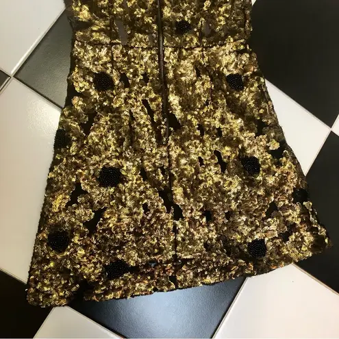 Tracy Reese Black Label Cleopatra Dress Gold Sequins Black Beaded Cutouts size 8