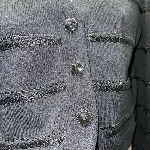 St. John Evening by Marie Gray Black Button Down Cardigan w/Sequins & Embroidery