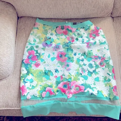 Floral Eva Franco Multicolored Embellished Bubble Midi Skirt Blue Size 10