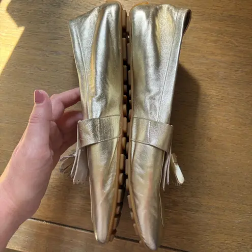 Aquatalia Women's Quinna Metallic Kiltie Tassel Loafers Gold Size 9.5 Designer