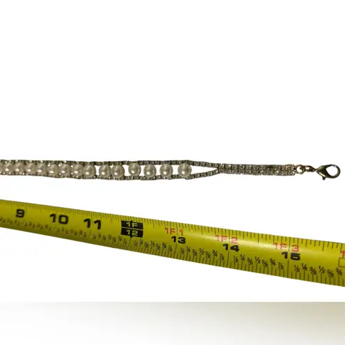 Shiny Pearl and Silver Colored Rhinestone Choker Necklace 14” Flat | Y2K Glam