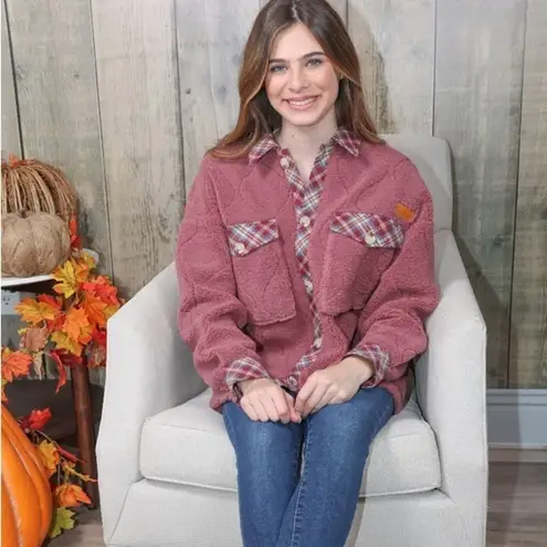 Simply Southern  Sherpa Quilted And Plaid Rose Jacket Shacket size Large NEW