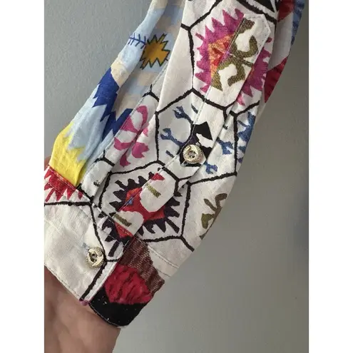 Calessa Top Size 1X Multicolor Aztec Button Front Southwestern Abstract Roll Tab Blue