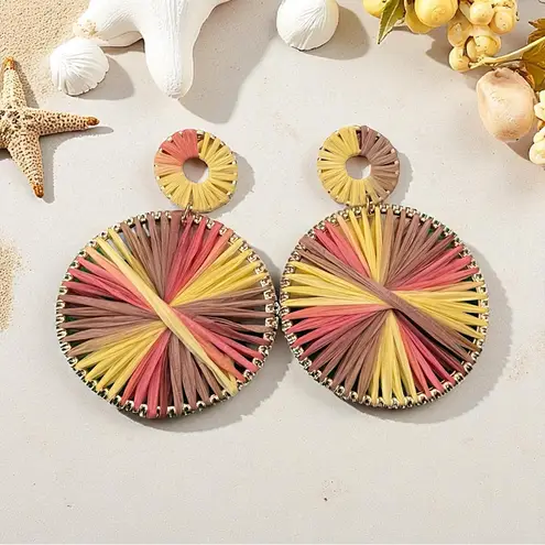 Boho Raffia Round Dangle Earrings Multicolor Statement Summer Beach Jewelry