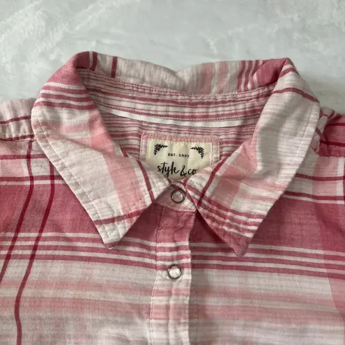 Style & Co . Plaid Snap Button Up Shirt Size L Roll Tab Sleeve Cotton Lightweight