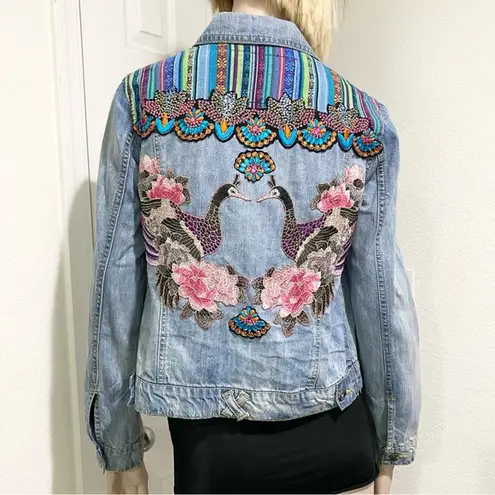 Customized Embroidered Patch Peacock Denim Jean Jacket Size M