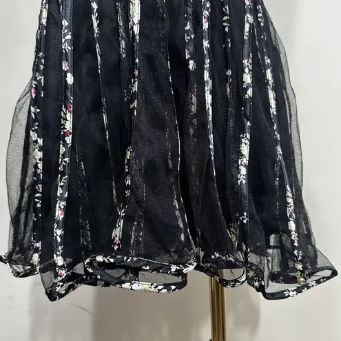 QED London Sleeveless Dress UK 10 EU 38 Black Floral Striped Mesh Overlay Style