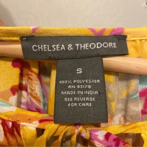 Chelsea & Theodore S Yellow/Multi Floral Beaded Tassel Short SleeveTiered Blouse Yellow