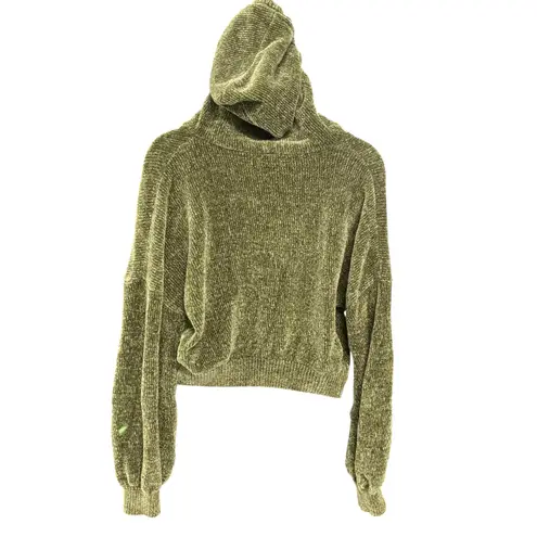 Olive Green Nikka K Chenille Knit V Neck Drawstring Hooded Crop Pullover Hoodie Size M