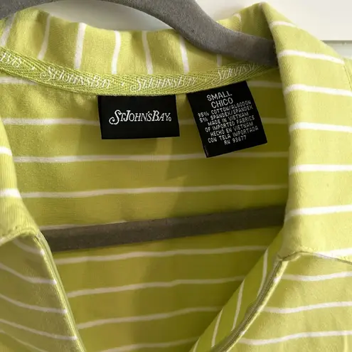 st. john's bay  Women's S Split Neck Polo Tee Citron Green White Stripe Preppy