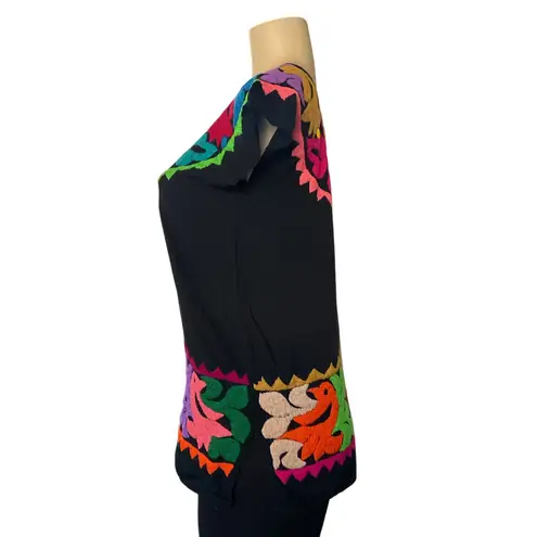 Handmade Mexican Embroidered Black Blouse Tunic Top Birds Flowers Artisan