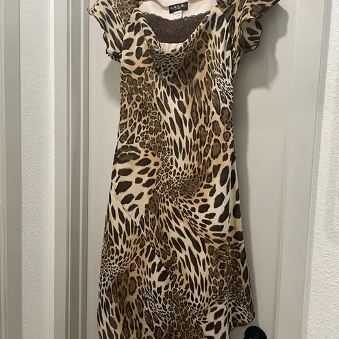 VTG 90s Y2K Gala Collection Brown Leopard Print Cap Sleeve Midi Dress