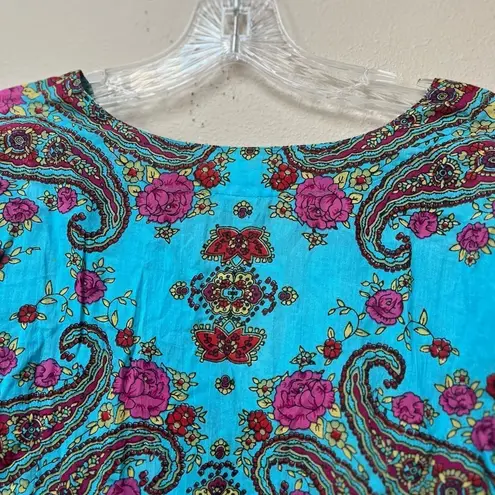 Boho Turquoise Paisley Tunic Top Medium 100% Cotton Festival V