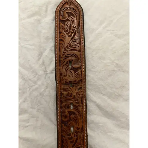 Vintage Hand Tooled Leather Belt Western Size 34 Silver Buckle Authentic Boho Brown