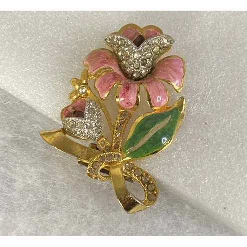 Antique Coro 1930s Flower Enamel Fur Clip Enamel &Colored & Clear Rhinestones Pink