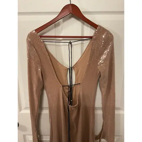 NWOT Meilun Deep V Dress Drawstring Long Sleeve Sequin Dress Long Gown, sz M Gold Size M