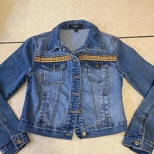 Forever 21  Cropped Denim Jean Jacket Studded Embroidered Aztec design Size Small