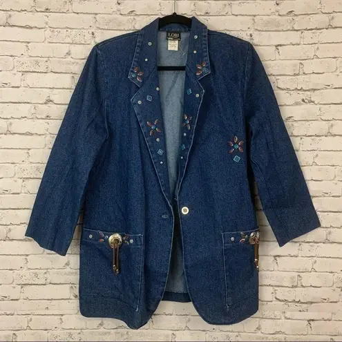 VINTAGE 80s Western Crackle Stone Embellished Denim Blazer Jacket Size 10 Blue