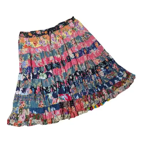 Vtg Y2K Her Style Colorful Floral Patchwork Drawstring Waist Boho Maxi Skirt OS Pink Size XL