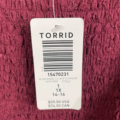 Torrid NEW  Babydoll Lace Smocked Cold Shoulder Top Size 1X Wine Dark Romantic