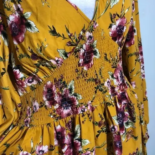 Xhilaration NWOT Gold Yellow Floral Long Sleeved Smocked Dress