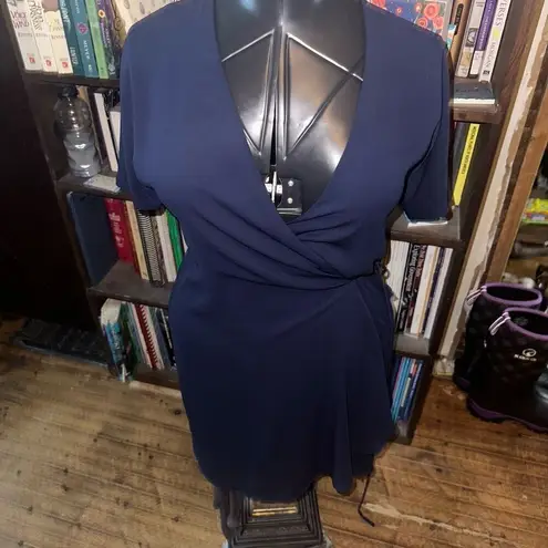 Babaton Aritzia Wallace navy chiffon flowy wrap mini dress