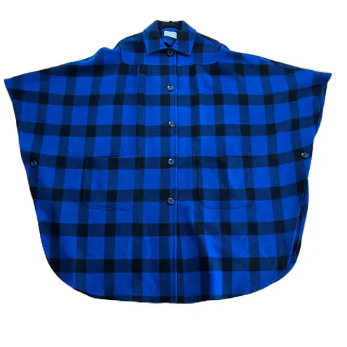 Pendleton VTG Blue Black Buffalo Check Cape Poncho Plaid 100% Wool Button Up