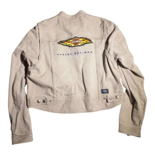 Vtg 1990s Harley Davidson Beige Denim Owners Group Flames Patch Biker Jacket L Tan Size L